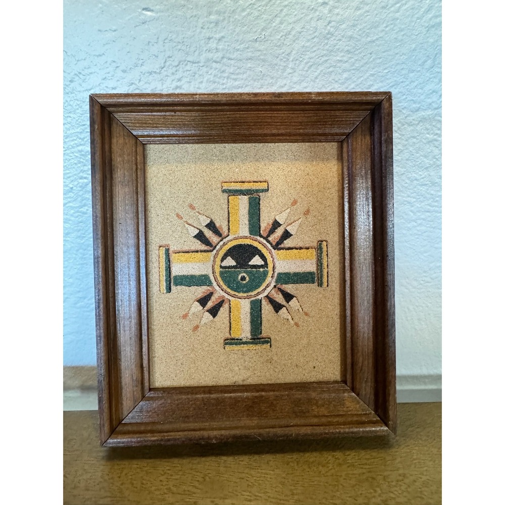 Vintage Native American‎ Sun Symbol Sand Painting Framed Art Drawing Water